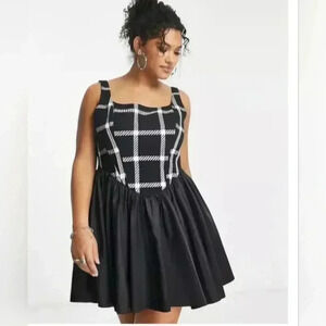 Plus Size Boucle Corset Square Neck Satin Mix Skater Mini Dress